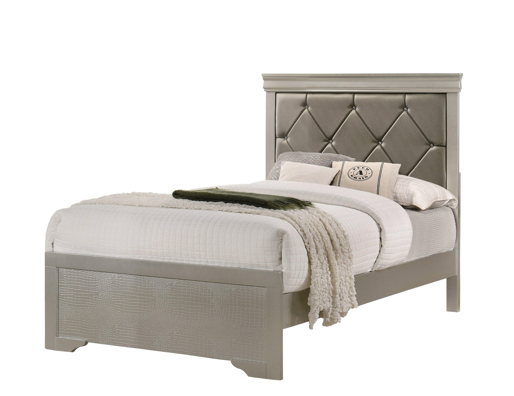 Amalia Silver Sleek And Modern King Faux Leather Upholstered Tufted Panel Bed - Ella Furniture