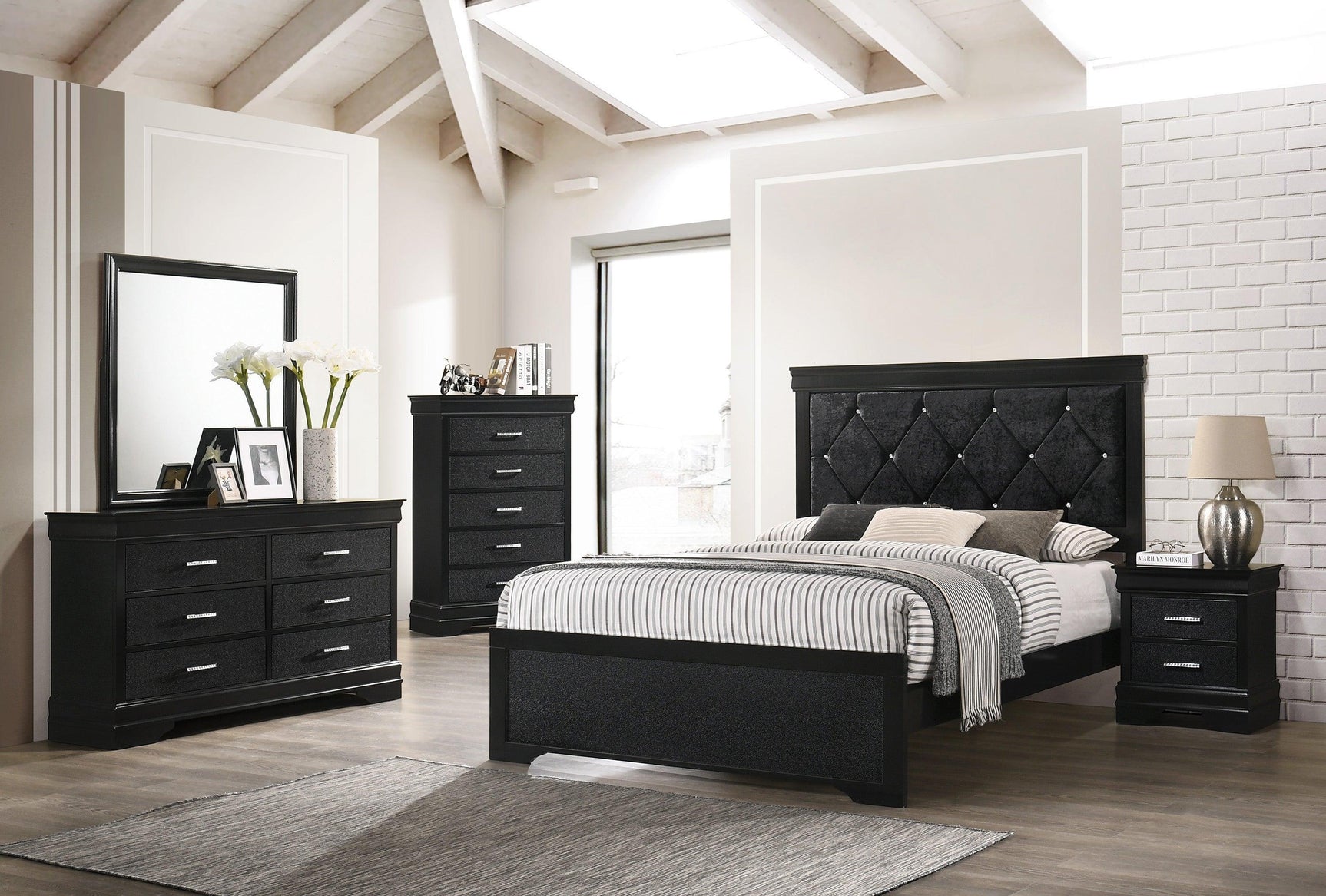 Amalia Black Sleek And Modern Sturdy Metal King Velvet Upholstered Tufted Panel Bed - Ella Furniture