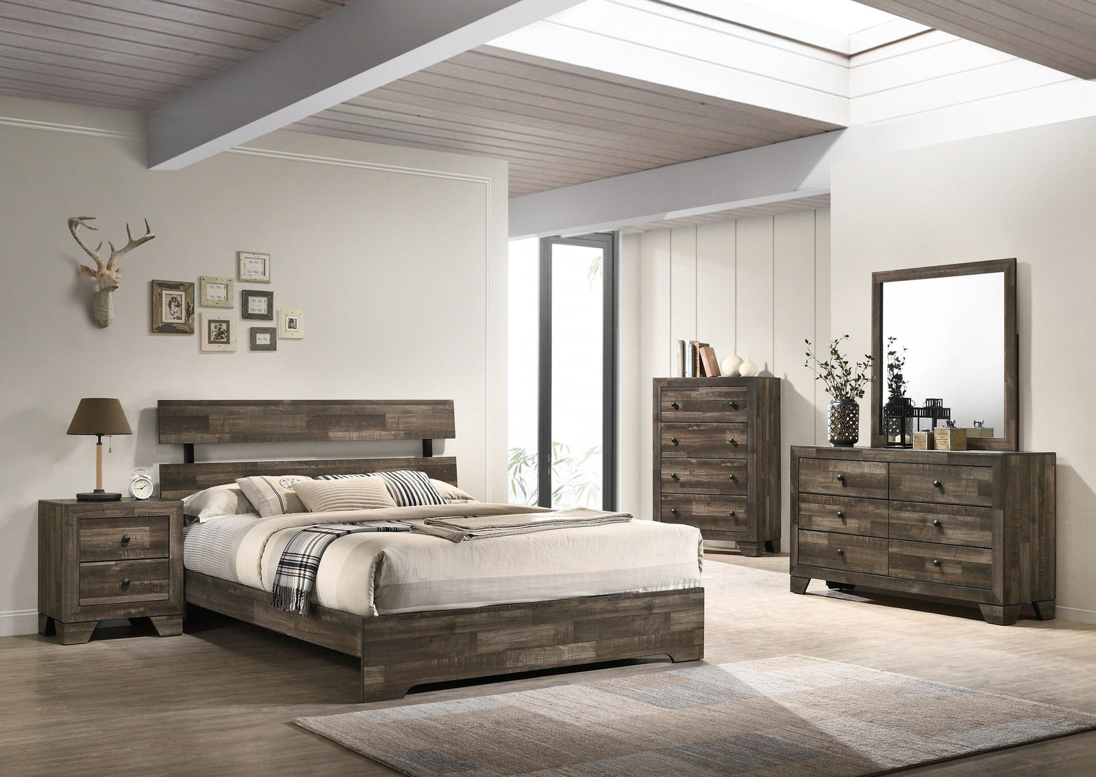 Atticus Brown Finish Modern And Rustic Wood Platform Bedroom Set - Ella Furniture
