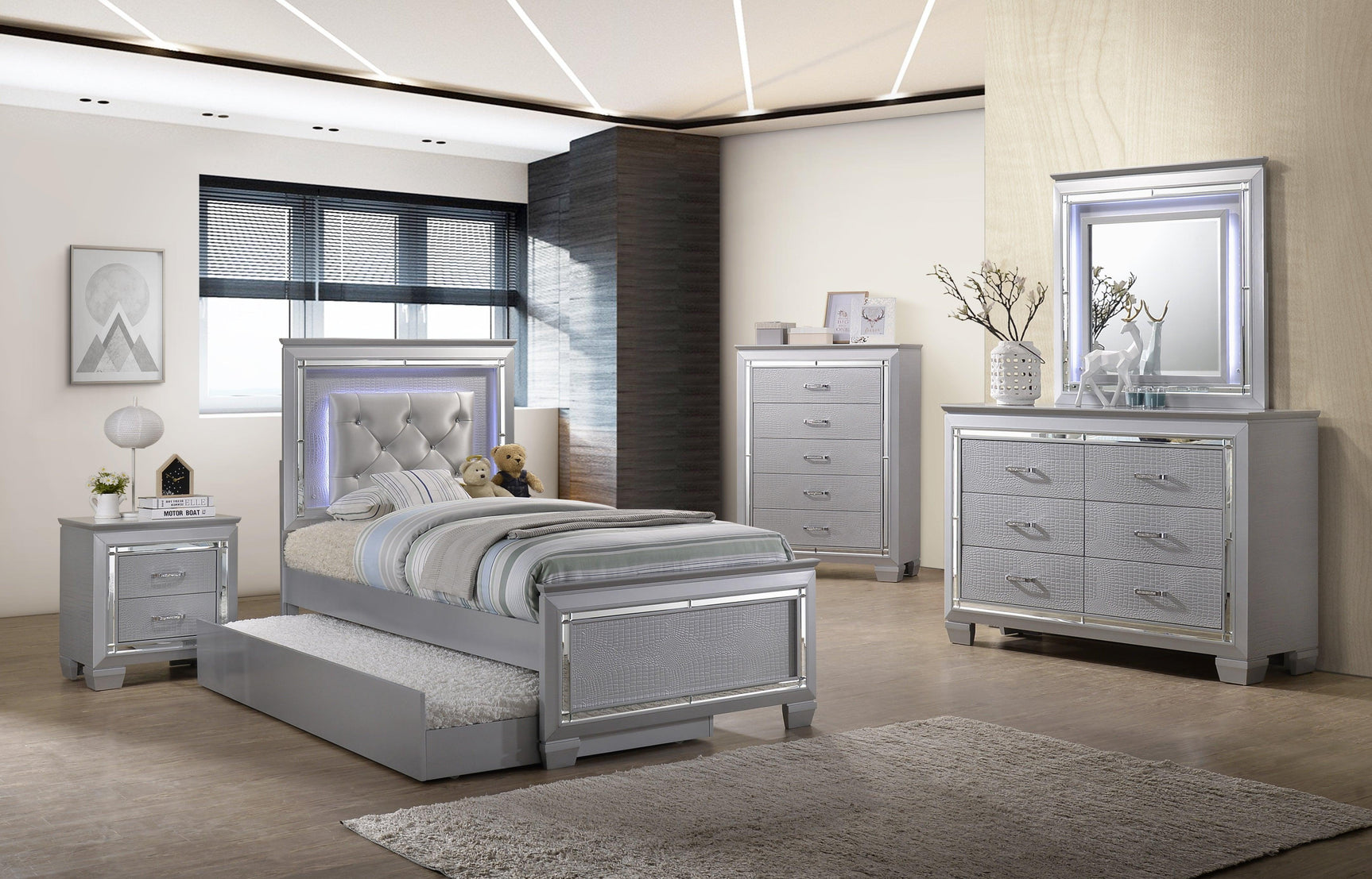 Lillian Silver Modern Sturdy Metal King LED Faux Leather Upholestered Tufted Bed - Ella Furniture