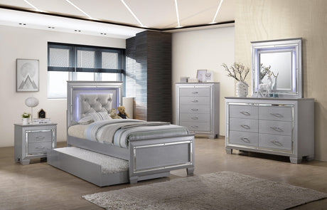 Lillian Silver Modern Sturdy Metal King LED Faux Leather Upholestered Tufted Bed - Ella Furniture