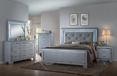 Lillian Silver Modern Sturdy Metal King LED Faux Leather Upholestered Tufted Bed - Ella Furniture