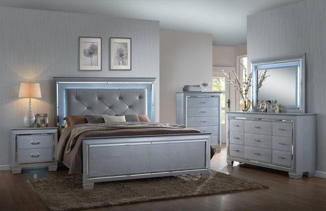 Lillian Silver Sleek Contemporary LED Fabric Upholestered Tufted Bedroom Set - Ella Furniture