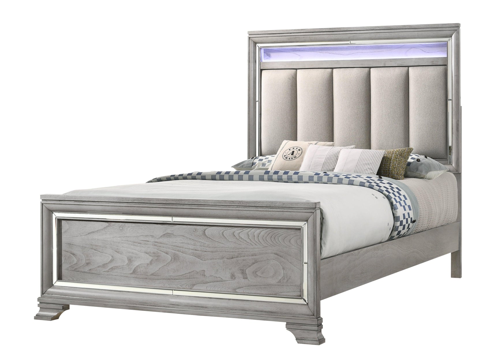 Vail Gray Finish Sleek And Modern Sturdy Metal King LED Fabric Upholstered Panel Bed - Ella Furniture