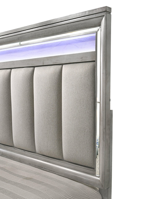 Vail Gray Finish Sleek And Modern Sturdy Metal King LED Fabric Upholstered Panel Bed - Ella Furniture