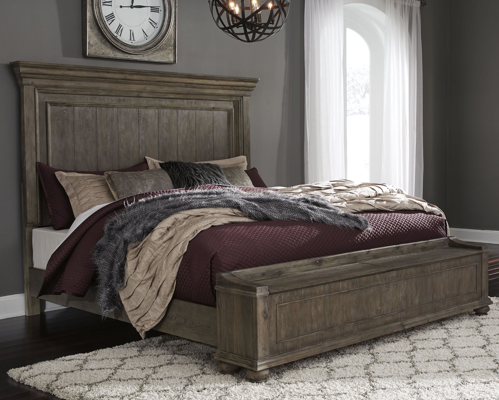 Johnelle Gray Queen Panel Bed With Storage Bench