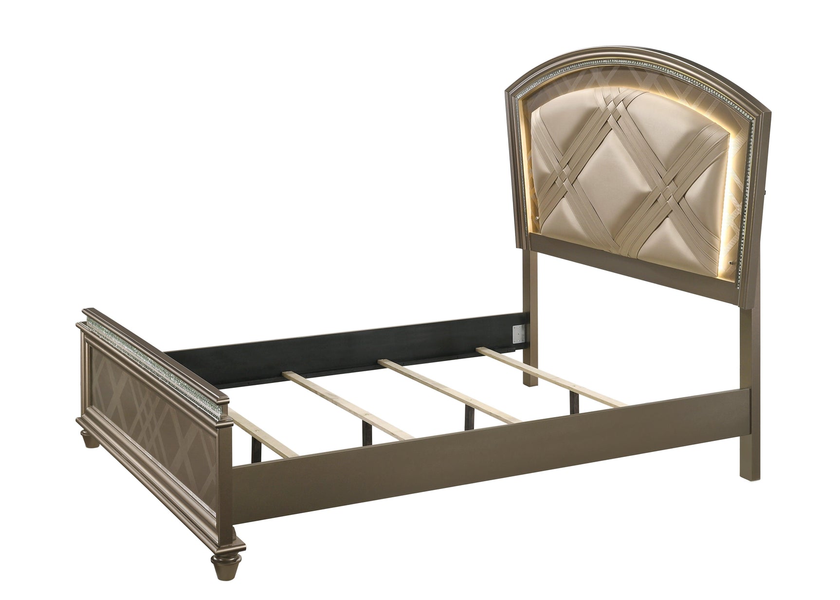 Cristal Gold Modern Glam Queen LED Faux Leather Upholstered Panel Bed - Ella Furniture