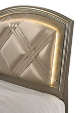 Cristal Gold Modern Glam Queen LED Faux Leather Upholstered Panel Bed - Ella Furniture
