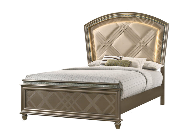 Cristal Gold Modern Glam Queen LED Faux Leather Upholstered Panel Bed - Ella Furniture