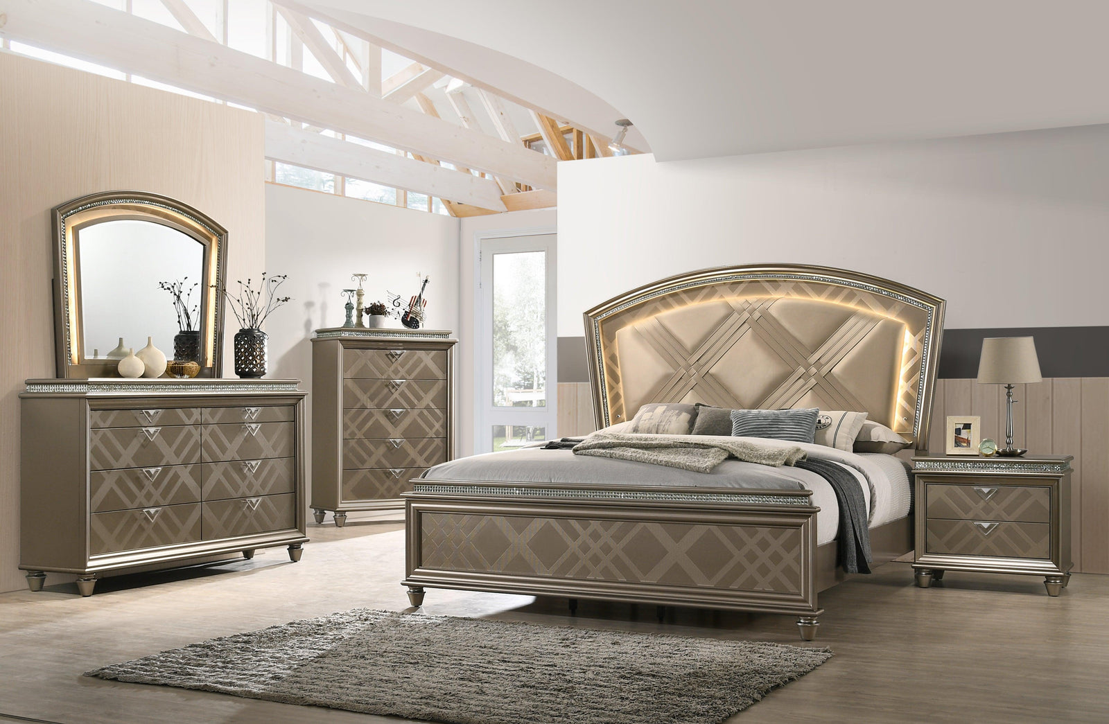 Cristal Gold Modern Glam LED Faux Leather Upholstered Panel Bedroom Set - Ella Furniture