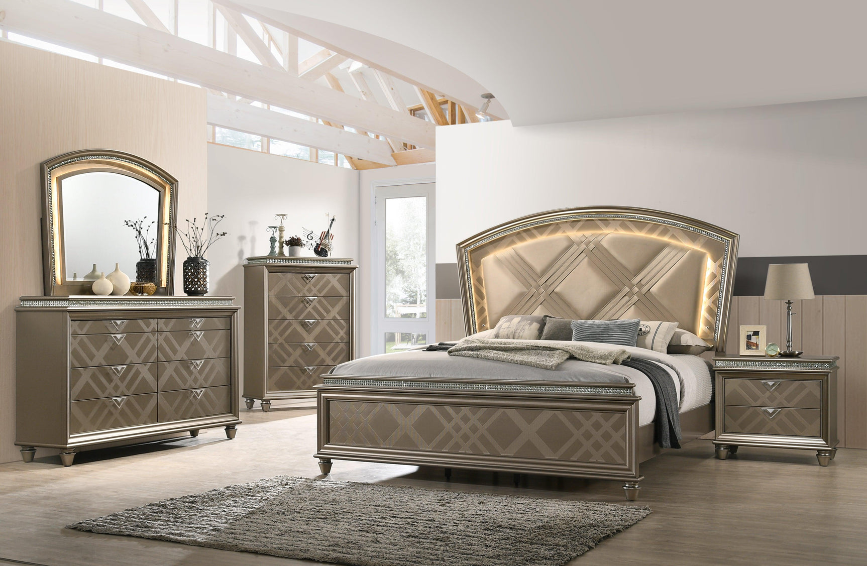 Cristal Gold Modern Glam Queen LED Faux Leather Upholstered Panel Bed - Ella Furniture