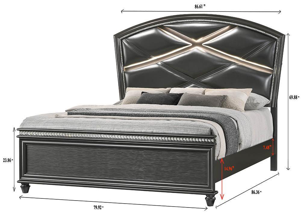 Adira Gray Moder And Contemporary Wood Queen LED Faux Leather Upholstered Panel Bed - Ella Furniture