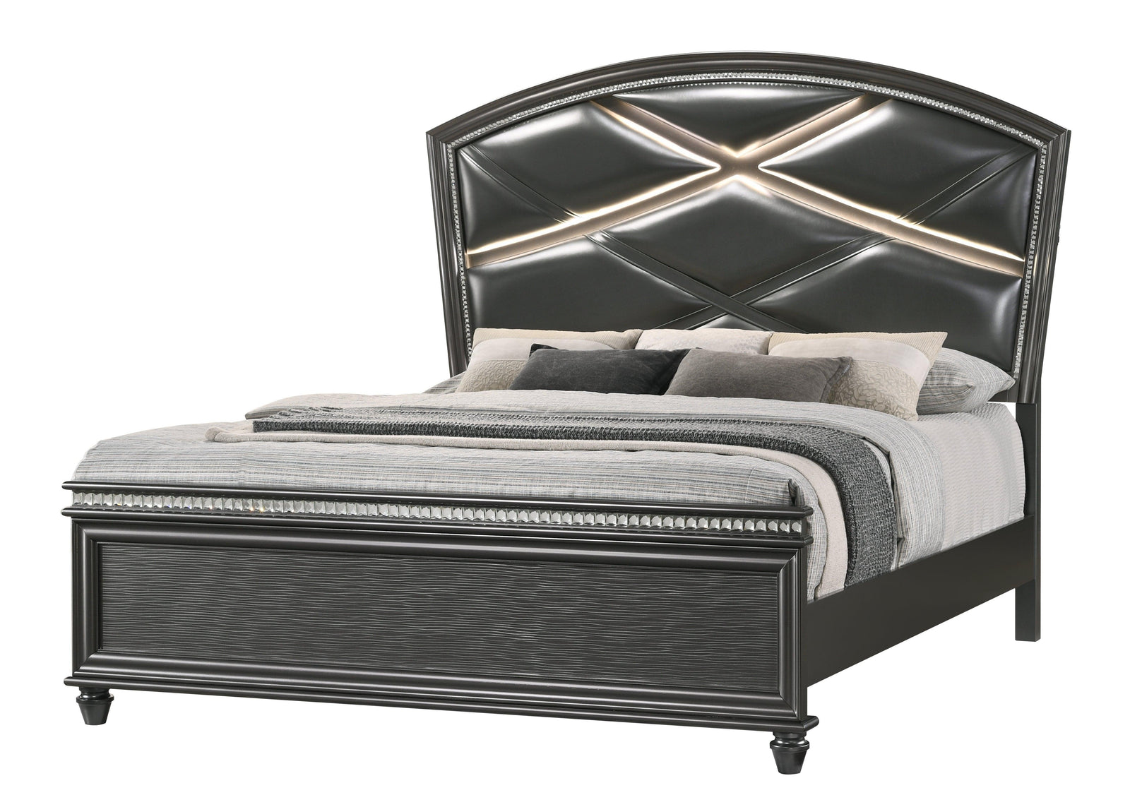 Adira Gray Finish Modern And Contemporary Wood King LED Faux Leather Upholstered Panel Bed - Ella Furniture