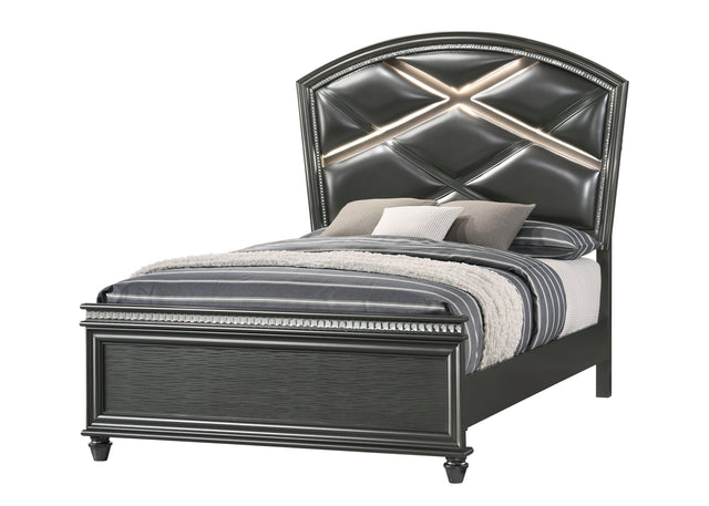 Adira Gray Moder And Contemporary Wood Queen LED Faux Leather Upholstered Panel Bed - Ella Furniture
