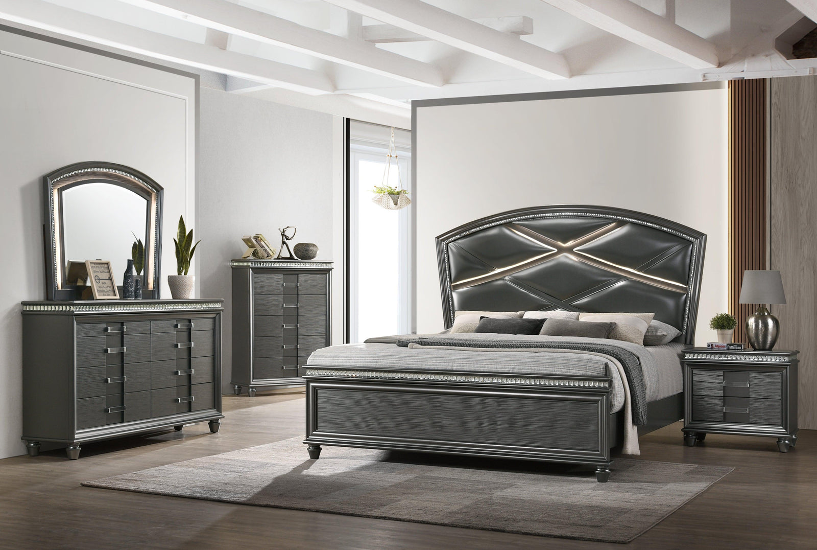 Adira Gray LED Faux Leather Upholstered Modern Wood Panel Bedroom Set - Ella Furniture
