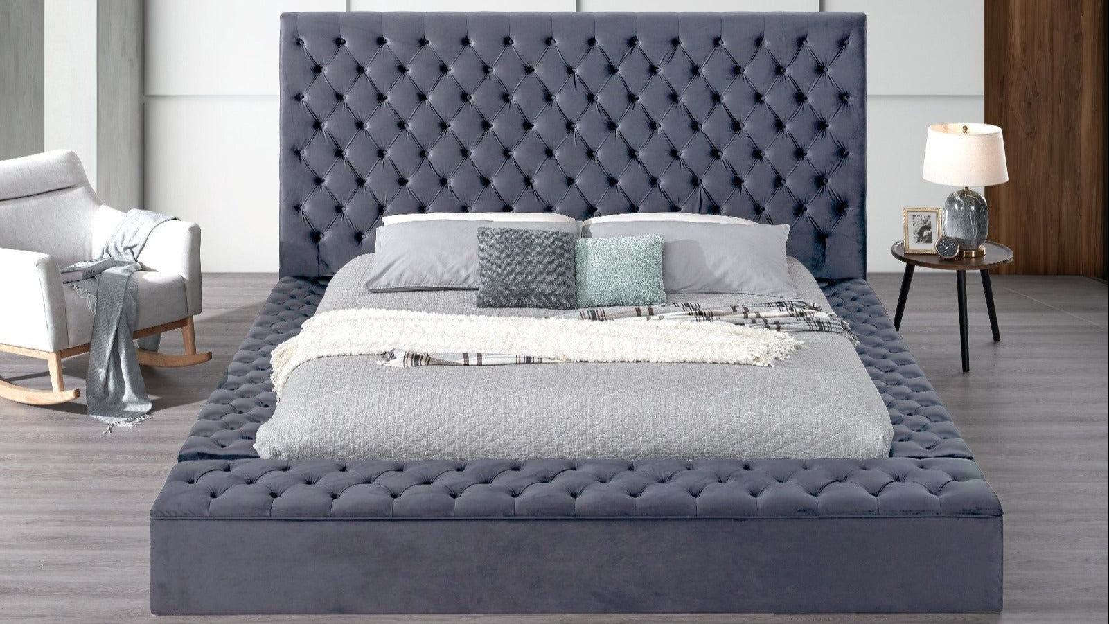 Catalina Gray Upholstered Tufted Storage Panel Queen Bed