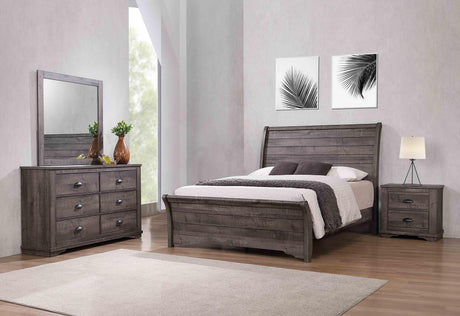 Coralee Gray Sleek And Modern Driftwood Upholstered Sleigh Bedroom Set - Ella Furniture