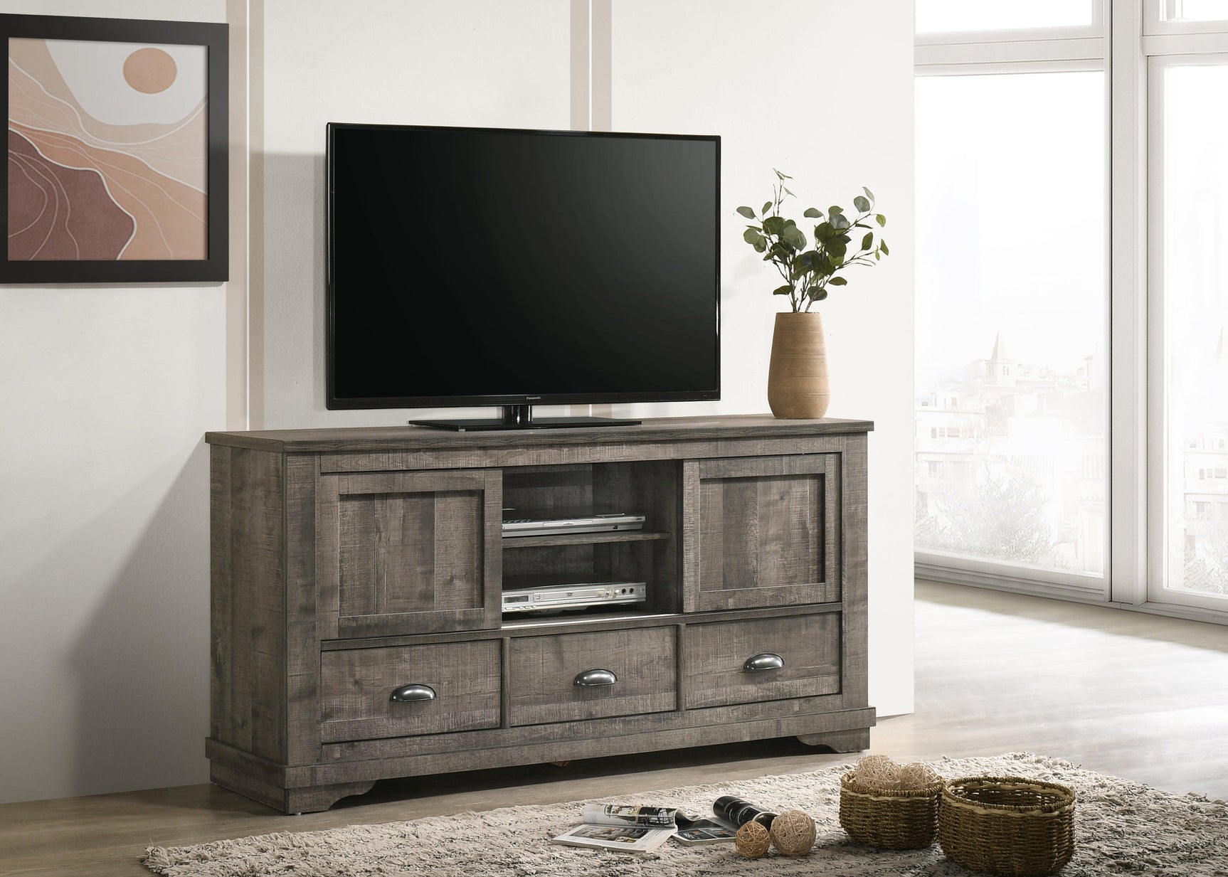 Coralee Grey Tv Stand, Entertainment Cabinet, Media Console With Wood Finish And Wood Legs for Living Room - Ella Furniture
