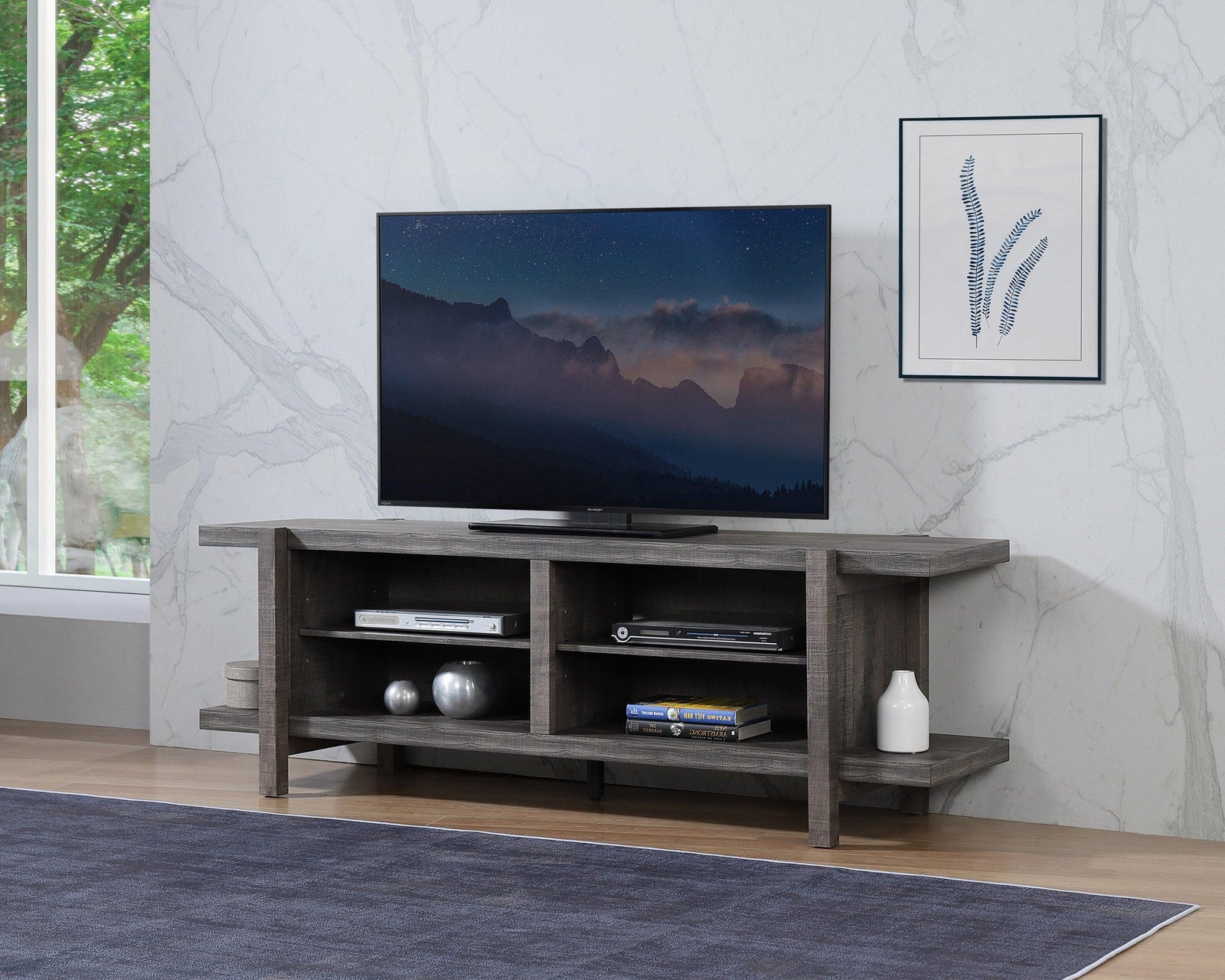 Coralee Grey Tv Stand, Entertainment Cabinet, Media Console With Wood Finish And Wood Legs for Living Room - Ella Furniture