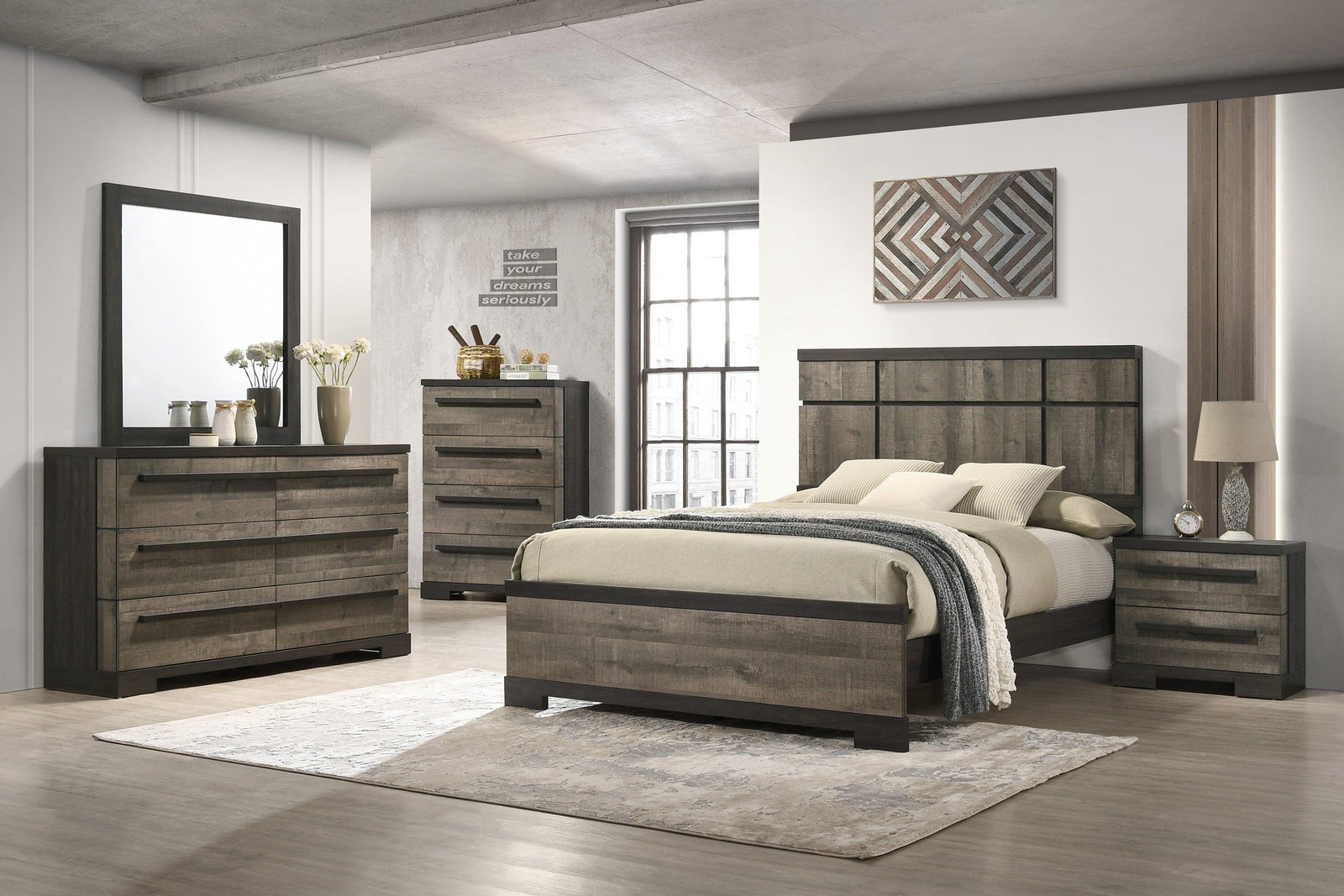 Remington Gray Modern Contemporary Solid Wood And Veneers Upholstered Panel Bedroom Set - Ella Furniture
