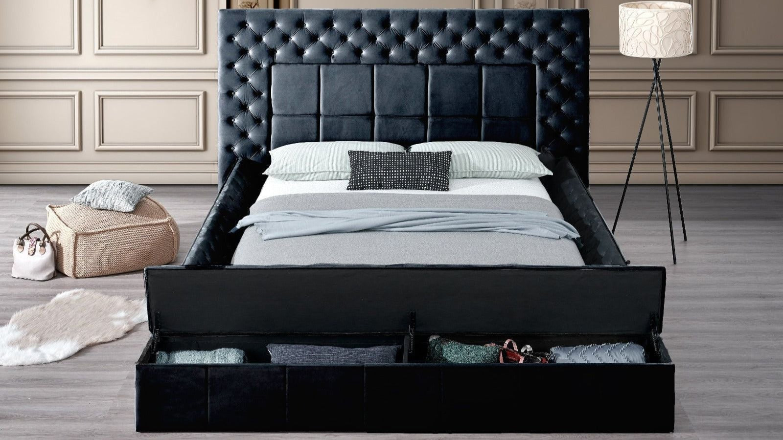 Emerald Black Upholstered Tufted Storage Panel Queen Bed