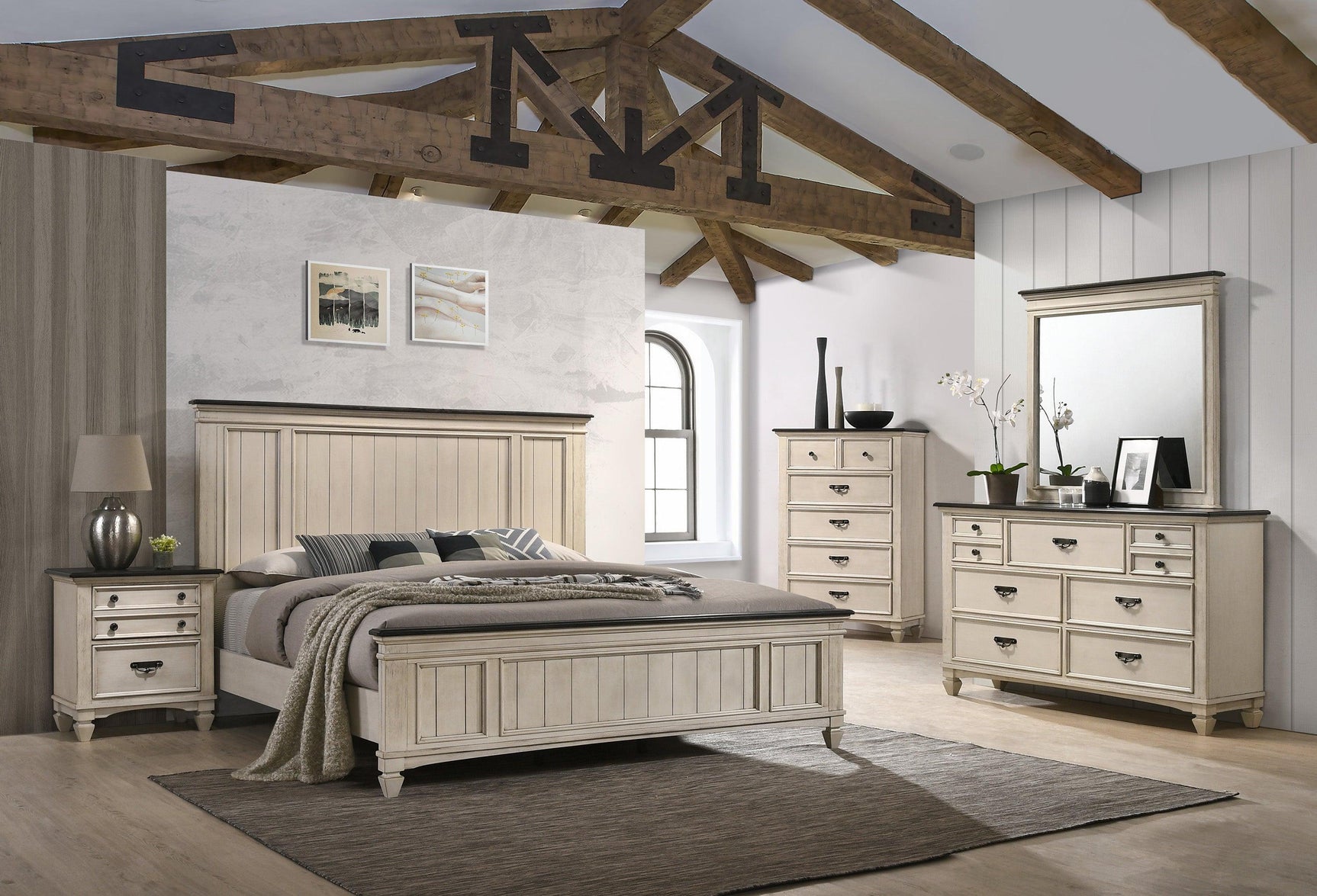 Sawyer Cream/Brown Modern And Classic Wood King Panel Bed - Ella Furniture