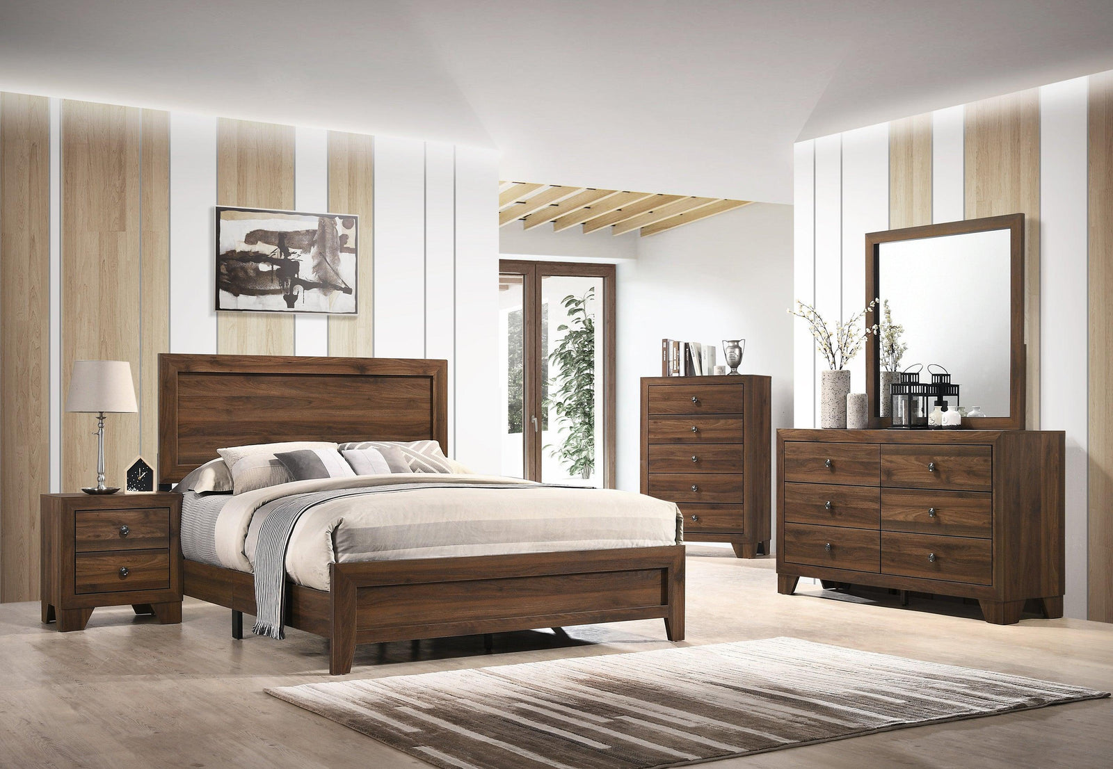 Millie Cherry Brown Finish Transitional Modern Wood Grain Panel Bedroom Set - Ella Furniture