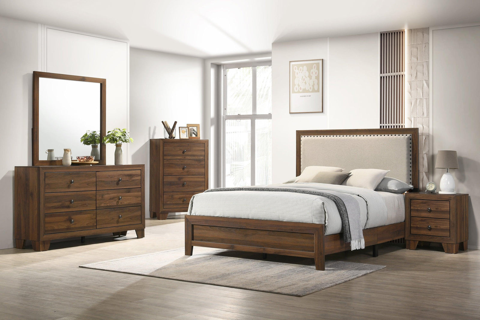 Millie Brown Contemporary Solid Wood And Veneers Fabric Panel Upholstered Bedroom Set - Ella Furniture