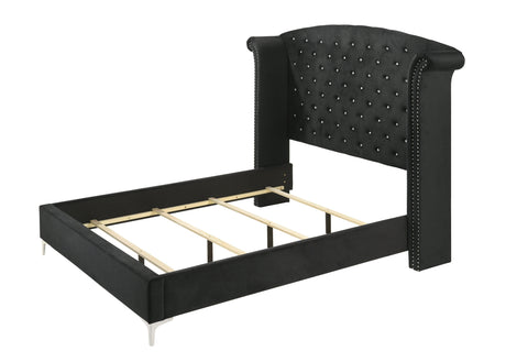 Lucinda Black Modern And Classic Wood Velvet Wingback Upholstered Tufted King Panel Bed - Ella Furniture