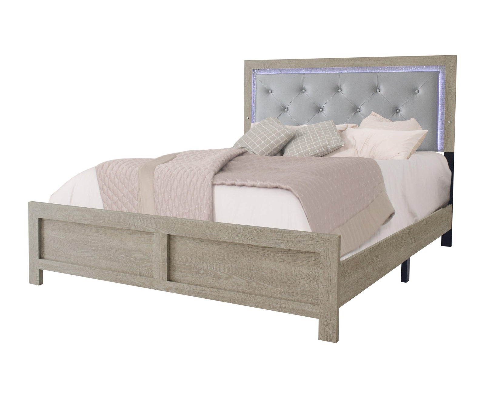 Jaylen Cream Finish Modern LED Faux Leather Upholstered Tufted Queen Panel Bed - Ella Furniture