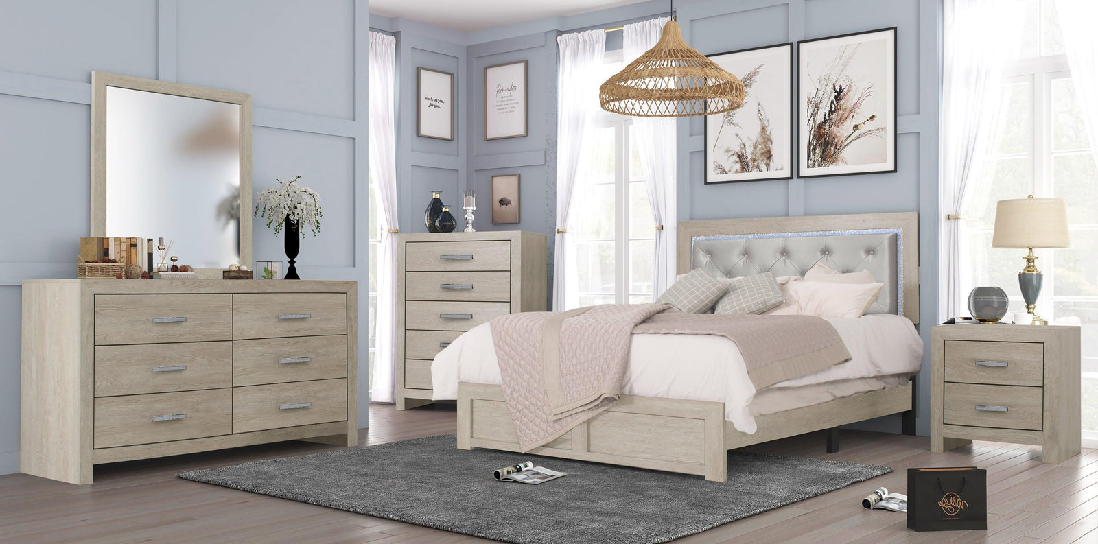 Jaylen Cream Finish Modern LED Faux Leather Upholstered Tufted Panel Bedroom Set - Ella Furniture