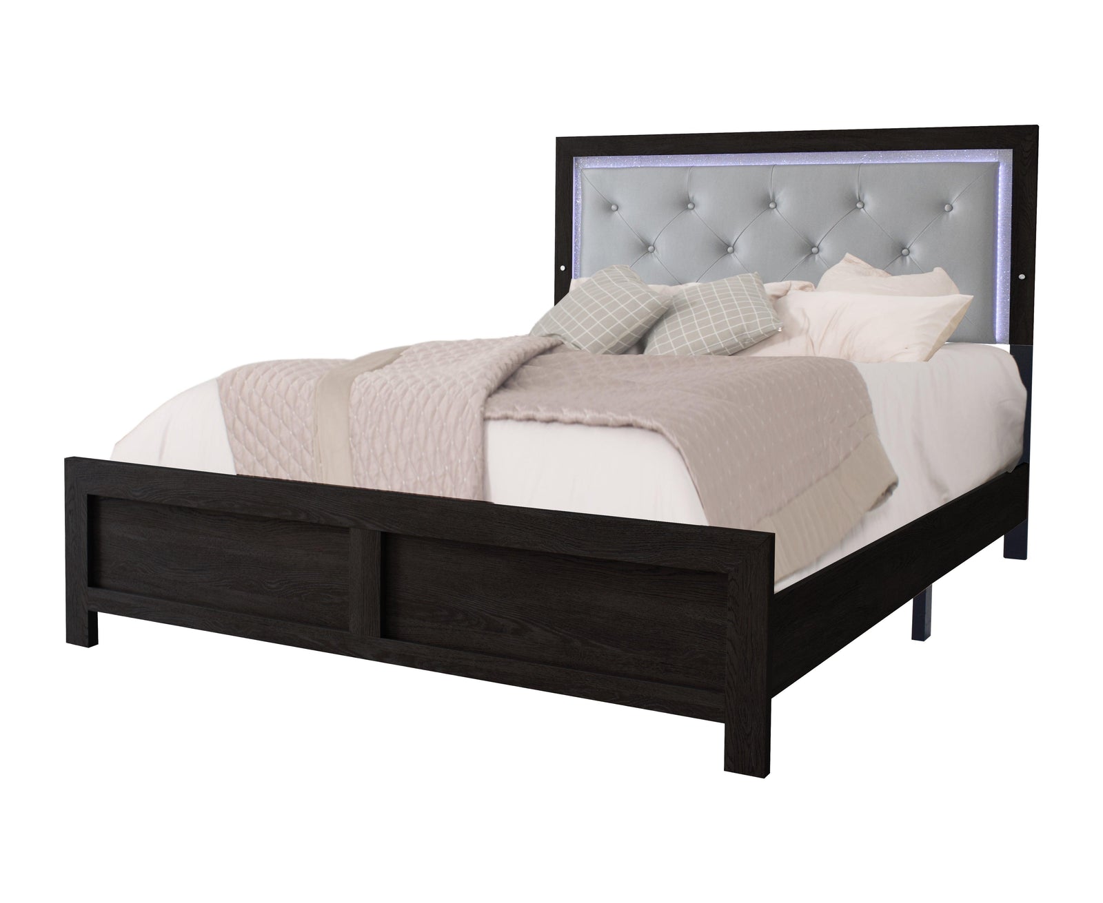 Jaylen Black Finish Modern Faux Leather Upholstered Tufted LED Queen Panel Bed - Ella Furniture