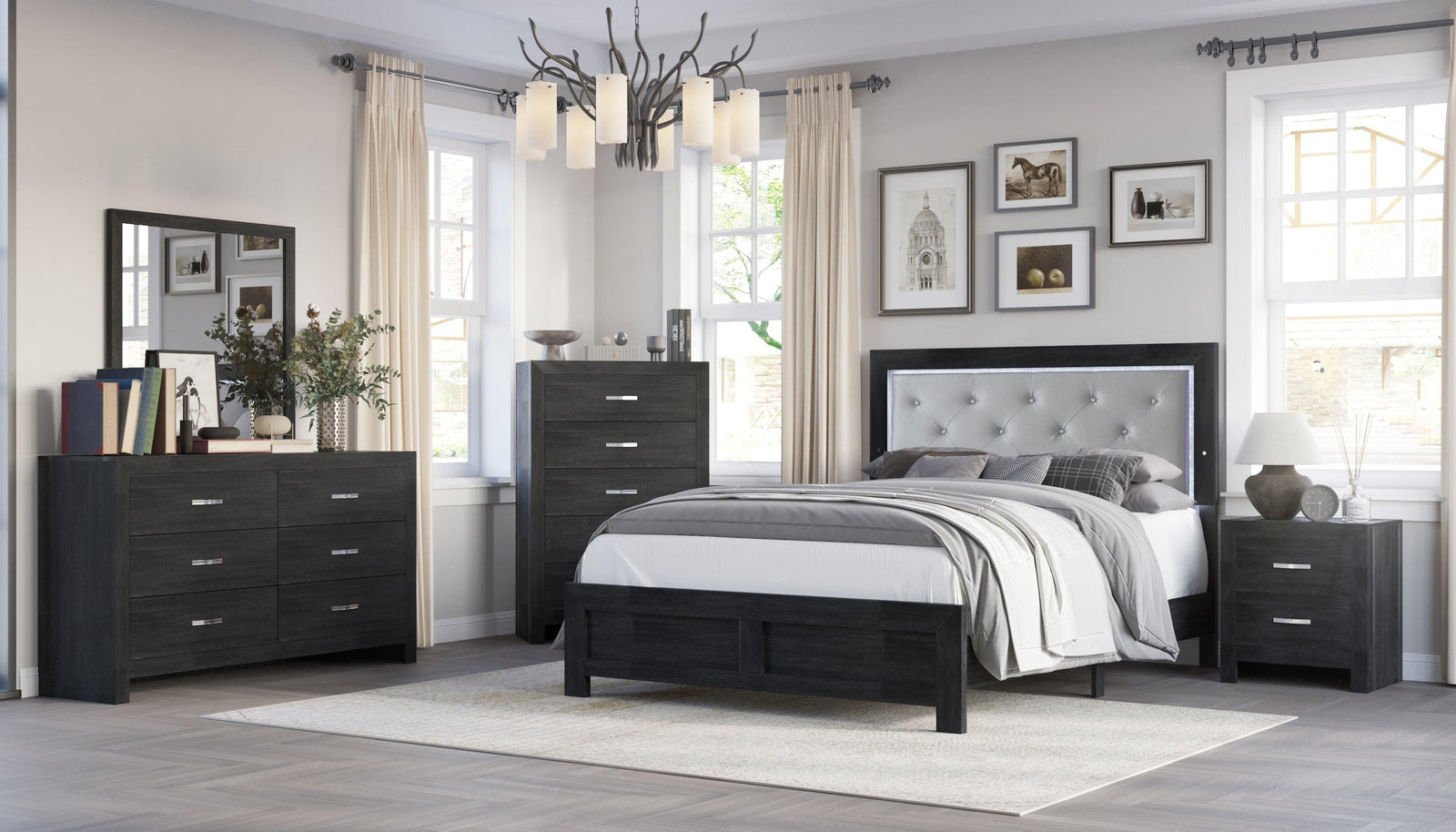 Jaylen Black Finish Modern Faux Leather Upholstered Tufted LED Panel Bedroom Set - Ella Furniture