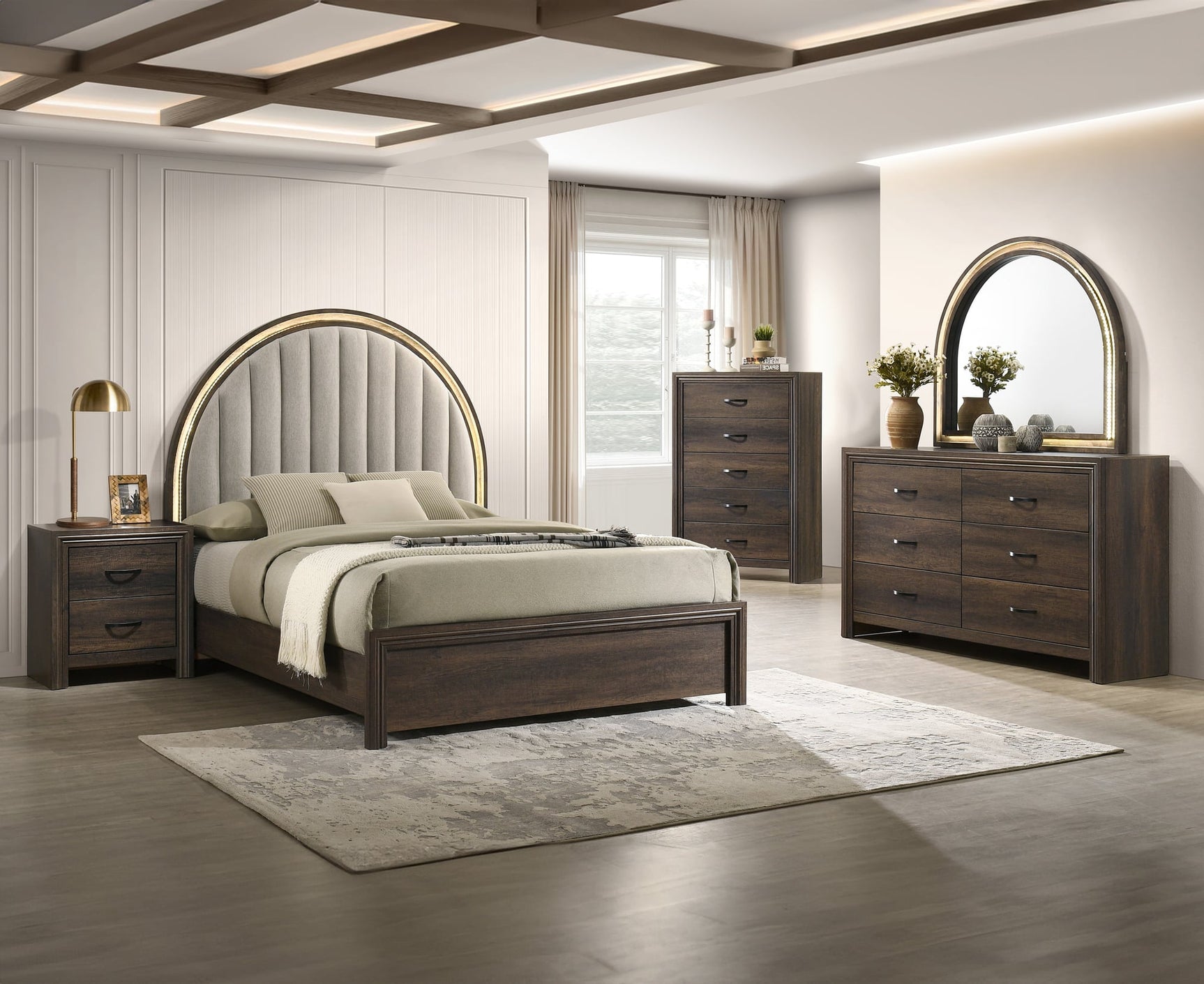 Noreen Brown Gray Upholstered LED Panel Bedroom Set from Ella Furniture