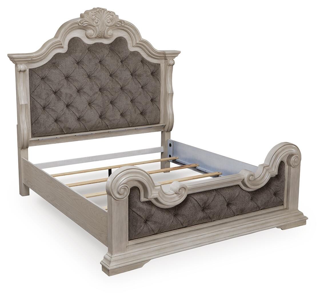 Bruchandi Antique White Upholstered Panel Bedroom Set angled view