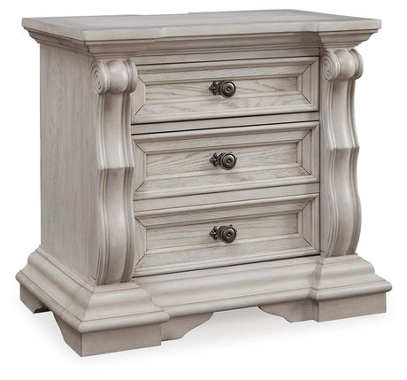 Bruchandi Antique White Upholstered Panel Bedroom Set angled view