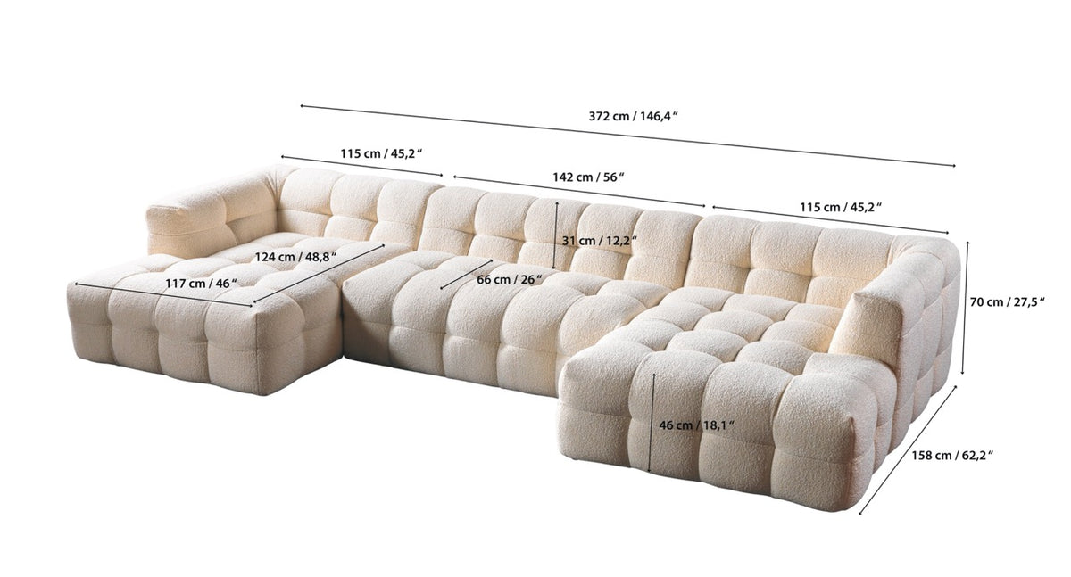 Ivy Ivory Boucle Double Chaise 146" Sectional dimension view