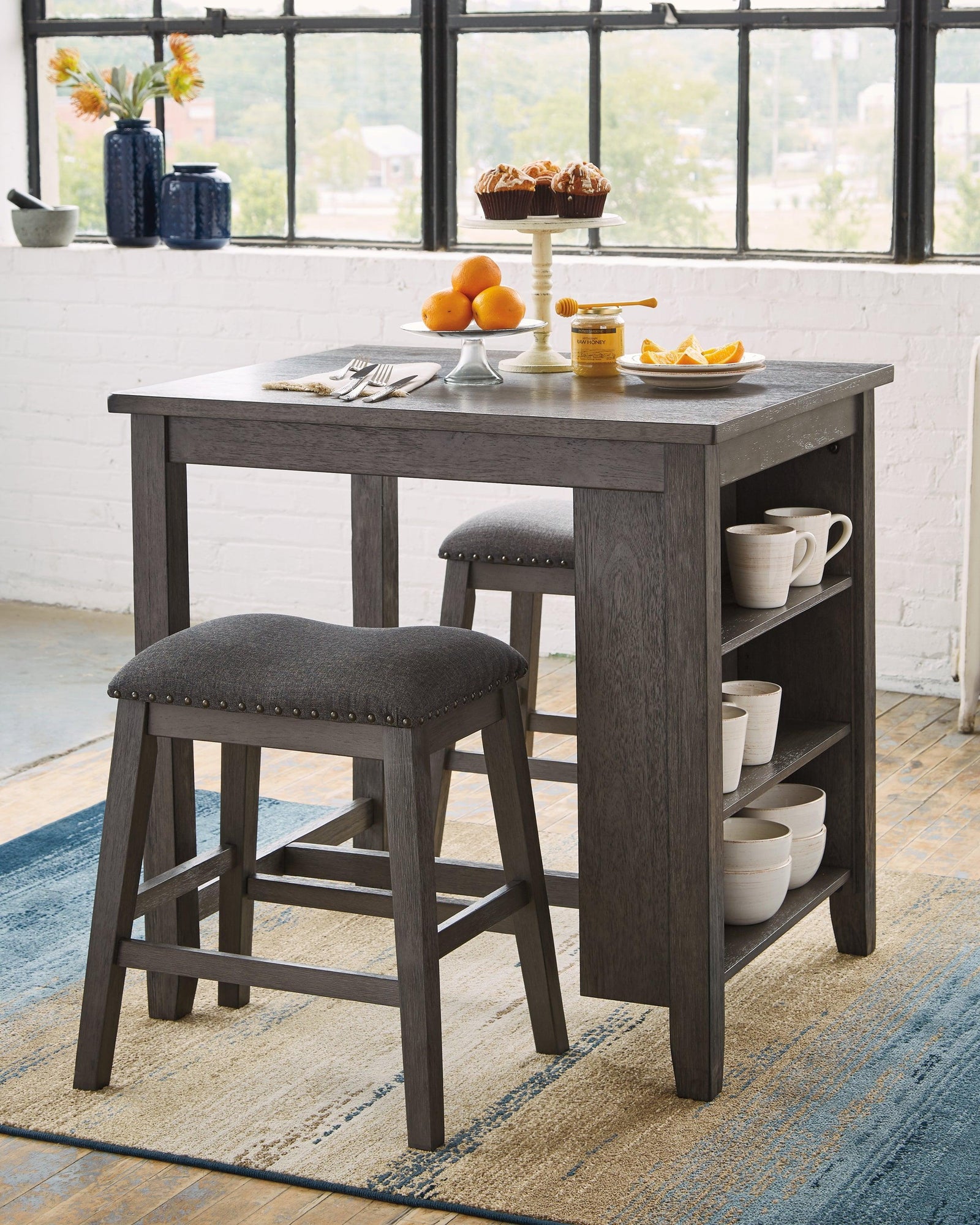 Caitbrook Gray Counter Height Dining Table And Bar Stools (Set Of 3) D388-113