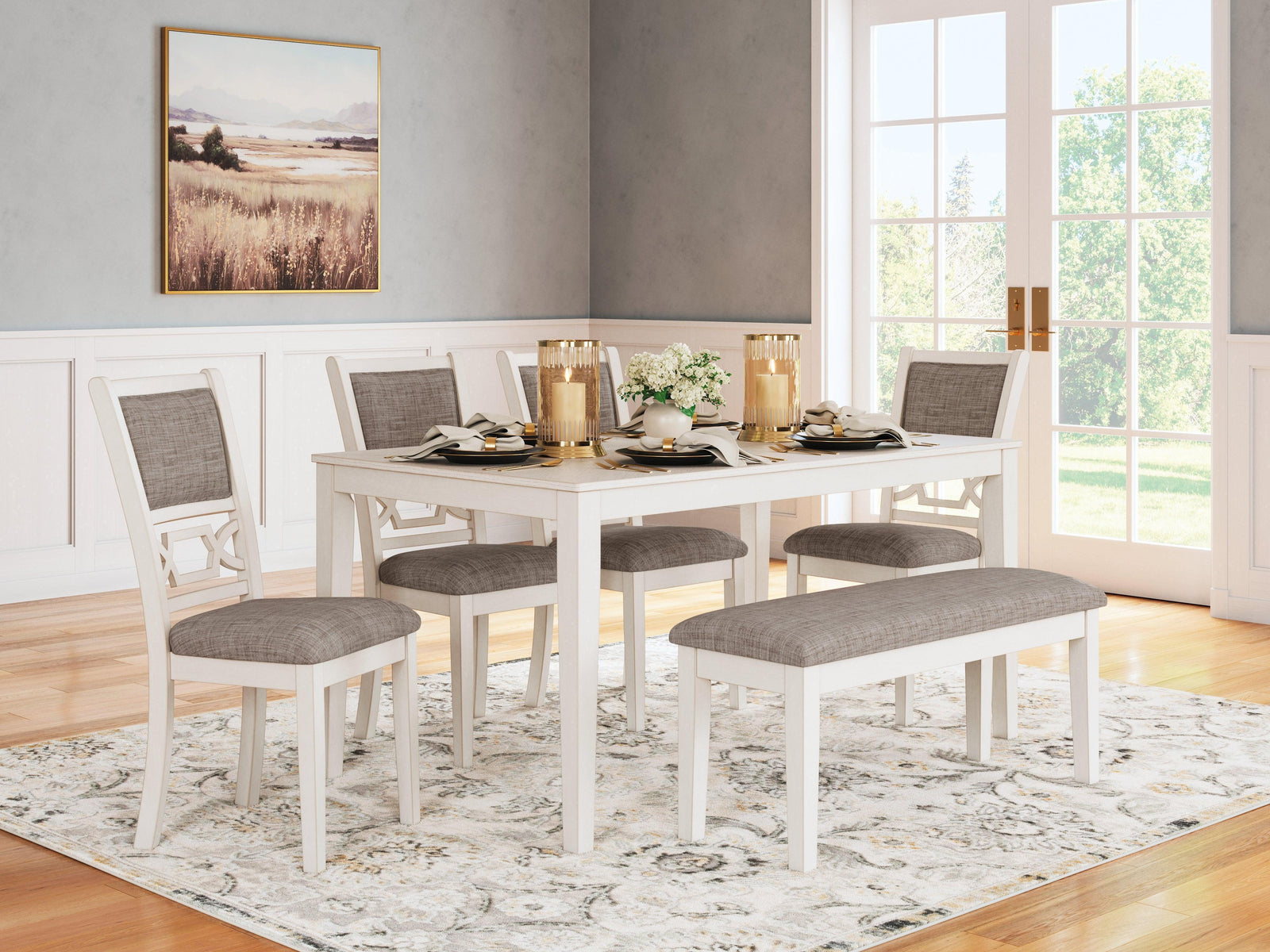 Erinberg Antique White Dining Table and 4 Chairs and Bench (Set of 6)