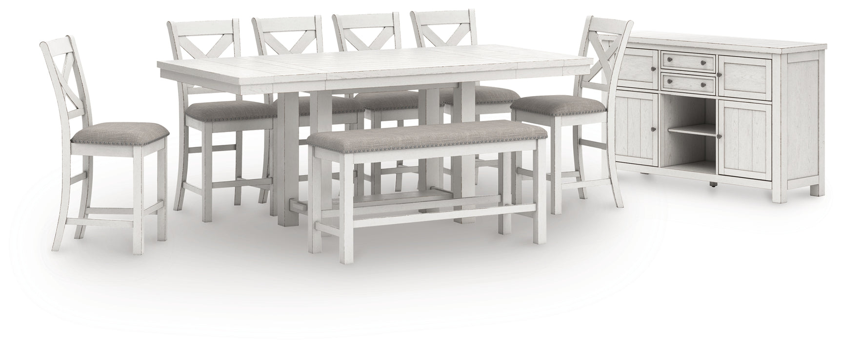 Robbinsdale Antique White Counter Height Dining Table and 6 Barstools and Bench with Storage