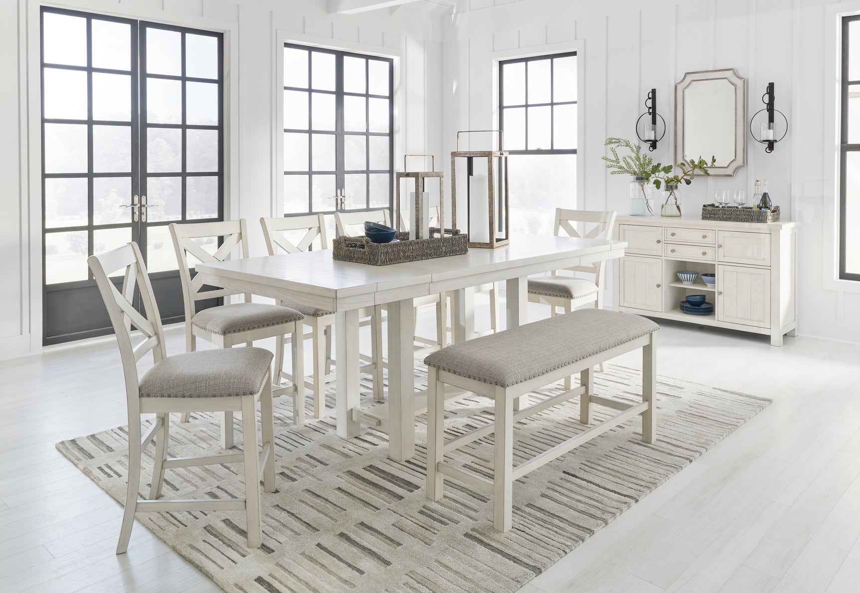 Robbinsdale Antique White Counter Height Dining Table and 6 Barstools and Bench with Storage
