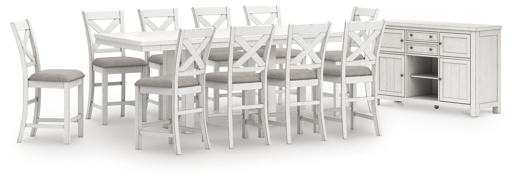 Robbinsdale Antique White Counter Height Dining Table and 10 Barstools and Storage