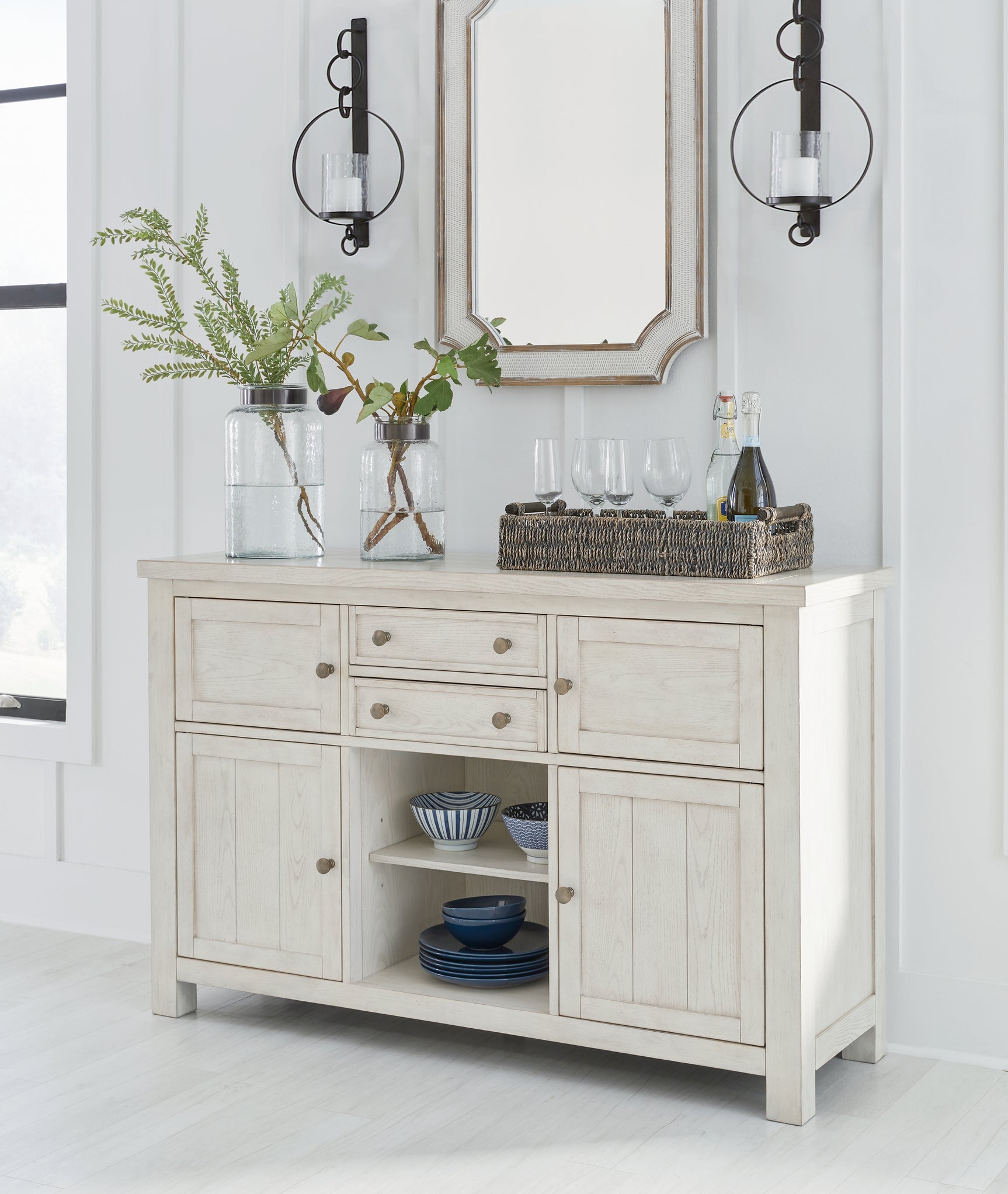Robbinsdale Antique White Counter Height Dining Table and 6 Barstools and Bench with Storage