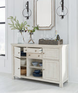 Robbinsdale Antique White Counter Height Dining Table and 6 Barstools and Bench with Storage