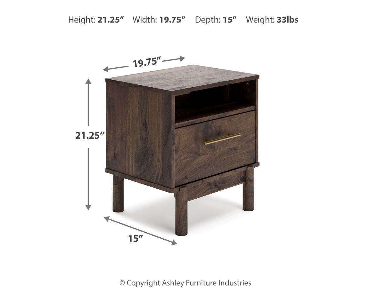 Calverson Mocha Nightstand dimension view