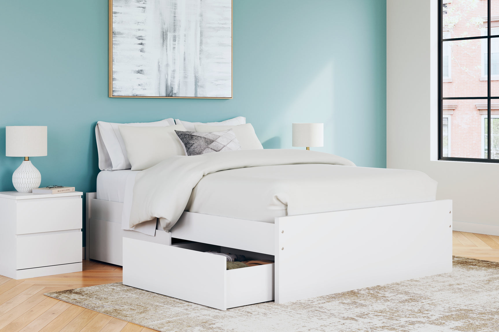 Onita White Queen Platform Bed with 1 Side Storage