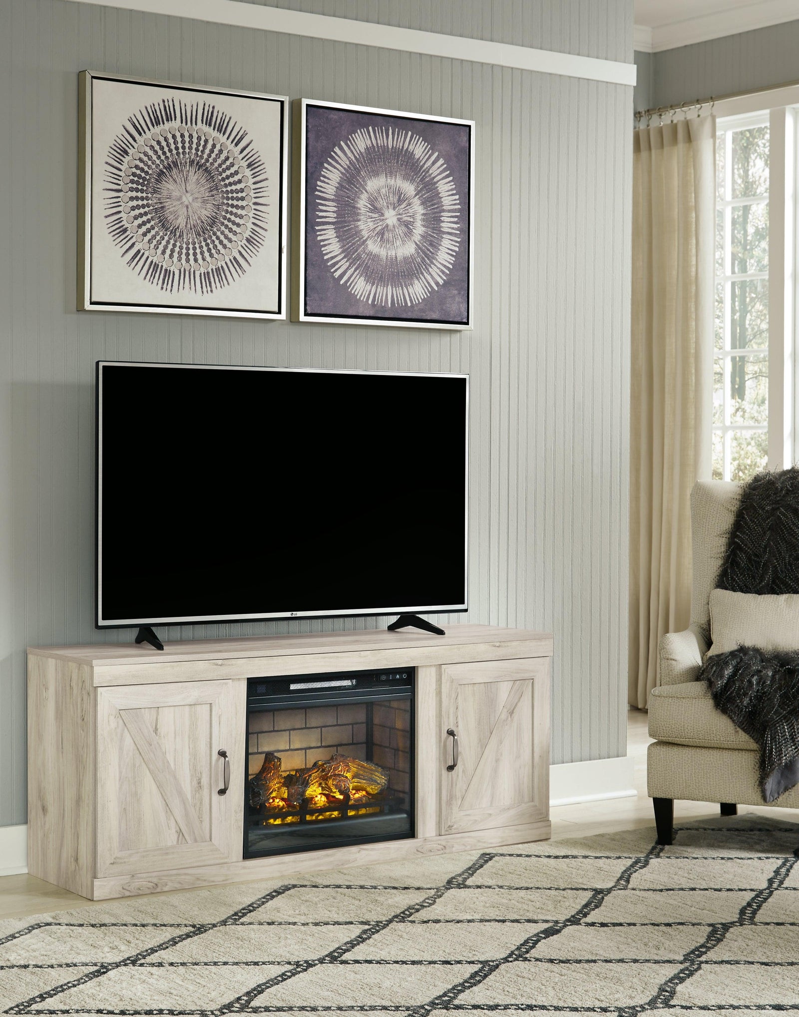 Bellaby Whitewash Tv Stand With Electric Fireplace - Ella Furniture
