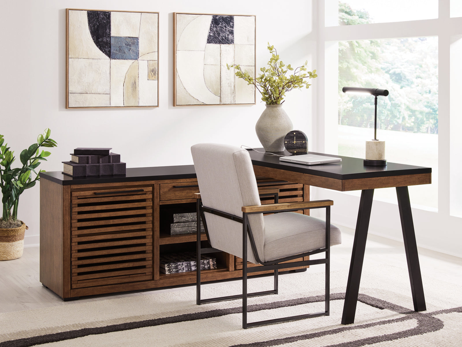 Kallari Warm Brown/Black Credenza with Desk Return