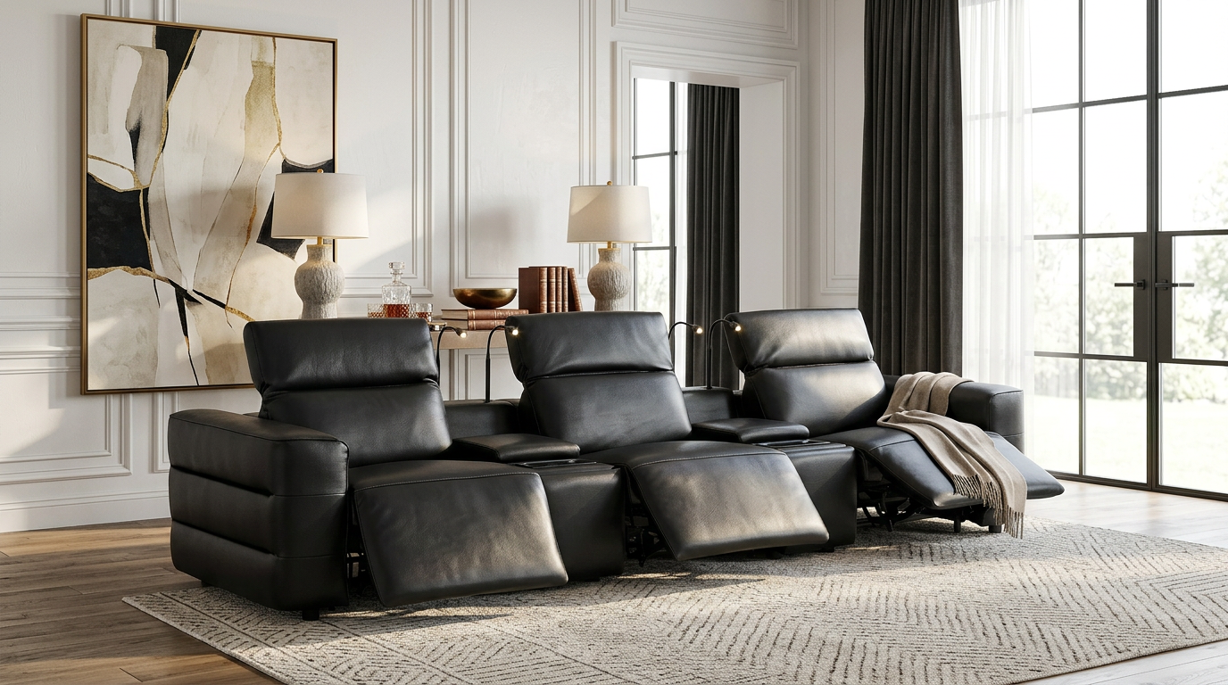 Diamante Black Italian Leather 5-Piece Power Reclining Home Theater Sectional from Ella Furniture