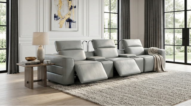 Diamante Grey Italian Leather 5-Piece Power Reclining Home Theater Sectional from Ella Furniture